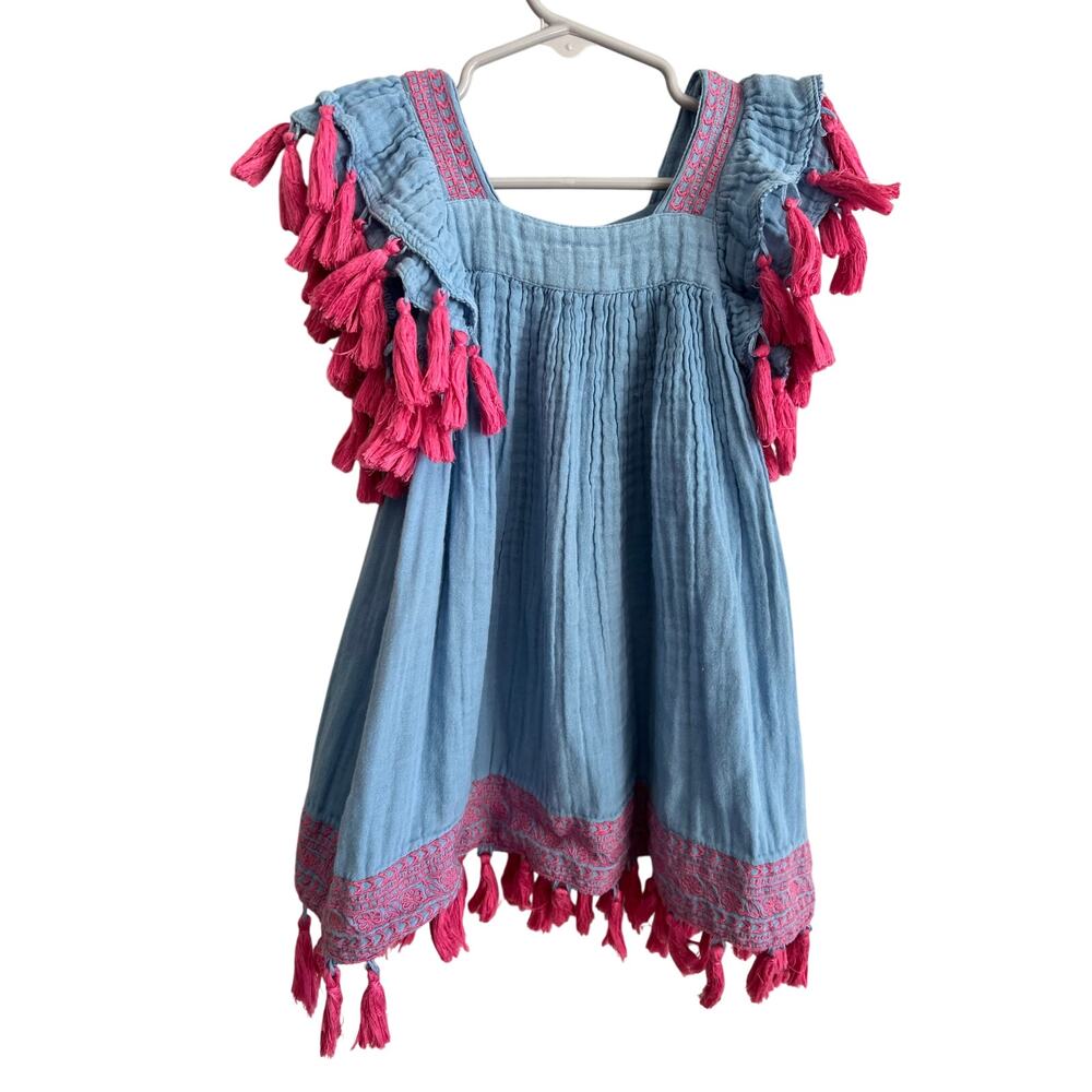 Mer St Barth Blue Cotton Tassel Dress Pink Embroidery Boho Resort Size 2